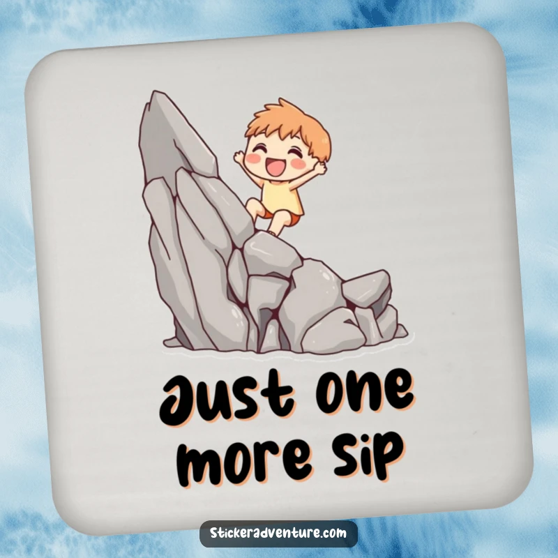 Funny drink coaster featuring a cute character joyfully scaling a small rocky cliff, adding a humorous touch to gatherings.
