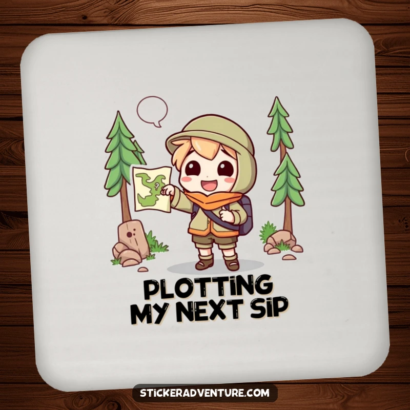 Funny Coasters: A cheerful character holds a map, pointing towards an unknown trail, protecting furniture with style.