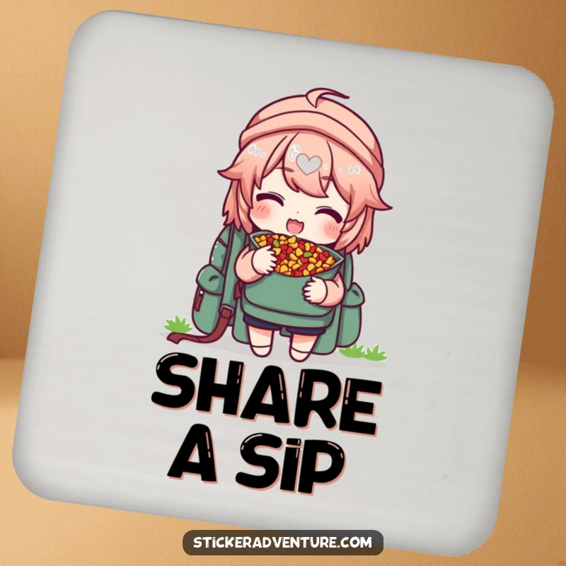 Funny drink coaster featuring a character delightedly sharing trail mix from a backpack, offering a piece, protecting furniture.