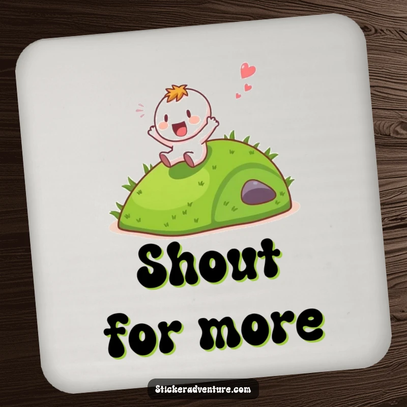 Funny character sliding down a grassy hill gleefully, designed as a protective and humorous drink coaster.