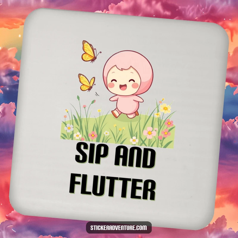 Funny chasing butterfly drink coaster, depicting a smiling character joyfully chasing a fluttering butterfly through a meadow.