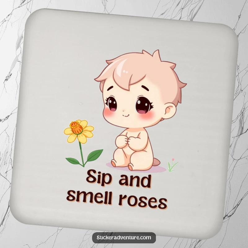 Funny Coasters: A curious character beams at a rare wildflower, adding a humorous and cheerful touch to tabletops.