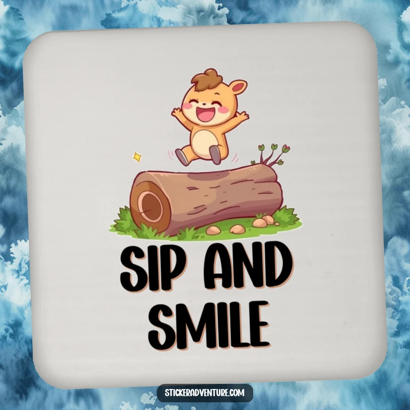 Funny character drink coaster featuring a character leaping over a log, protecting surfaces with joyful humor.