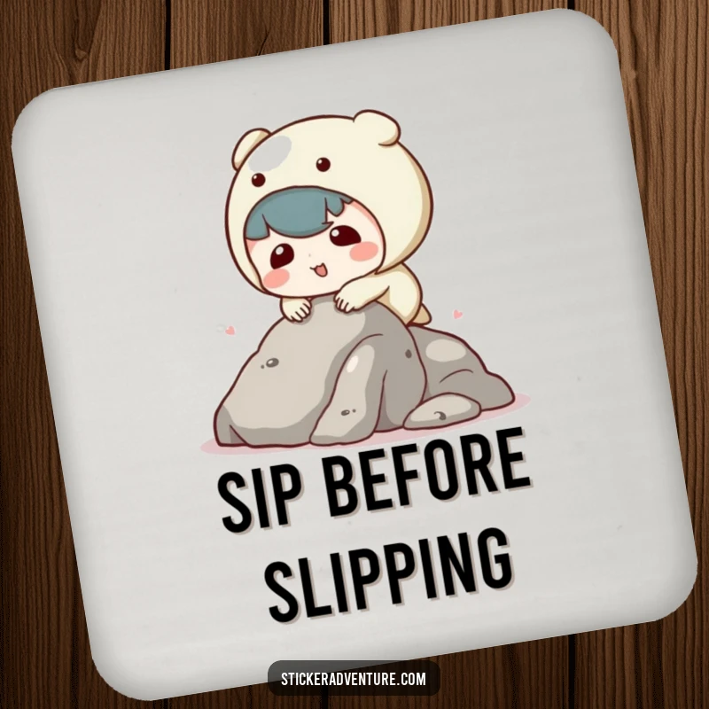 Funny kawaii character drink coaster featuring a character tripping, protecting surfaces with adorable humor.