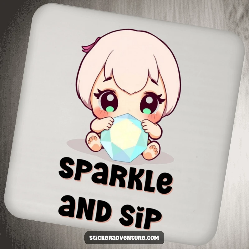 Funny coaster featuring a character's wide-eyed discovery of a sparkling gem, a charming addition to any table.