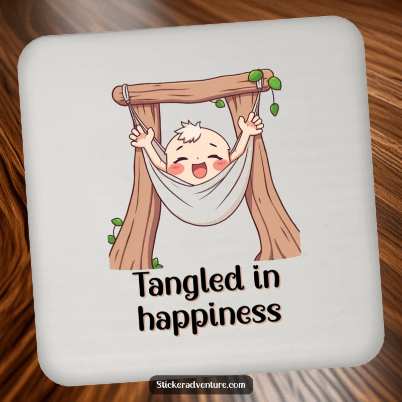 Funny Hammock Coaster, showcasing a happily tangled character with flailing arms, adding relaxation humor and surface protection.