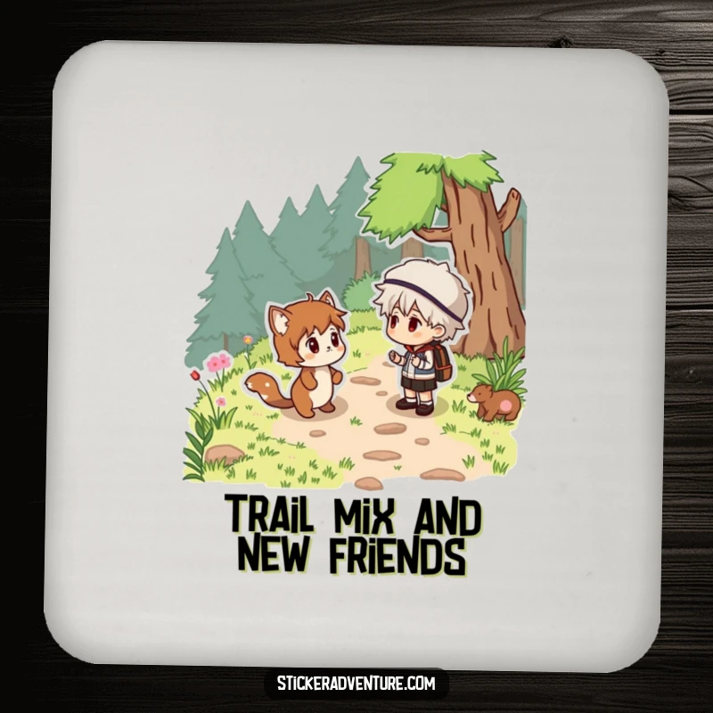 Funny woodland surprise coaster set, a hiker meeting a friendly animal, protecting tables with humor.