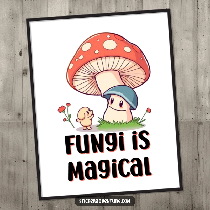 Funny poster depicting a whimsical character mesmerized by the grandeur of a giant, vibrant, magical mushroom.