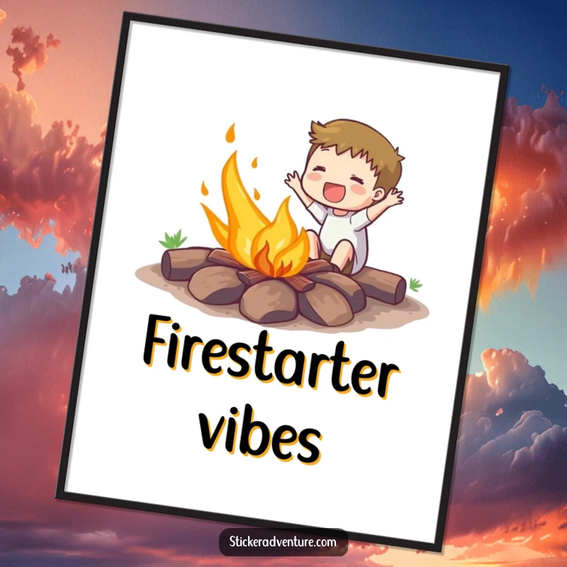 Funny poster of an enthusiastic subject joyfully setting a small campfire ablaze, capturing the essence of adventure.