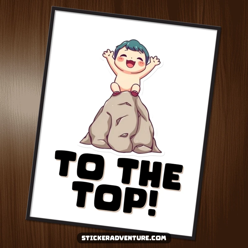 Funny poster print of a cute character joyfully scaling a small rocky outcrop, looking upwards with an ecstatic, beaming expression.