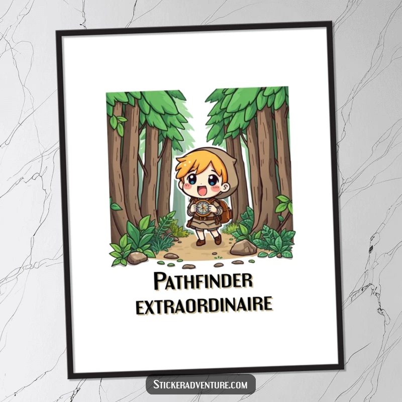 Funny character excitedly navigating a forest with a compass, curious look, vibrant funny gift art.