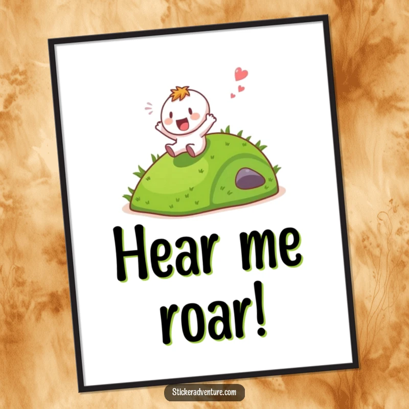 Funny character sliding down a grassy hill with a gleeful shout, perfect for a fun and cheerful poster.