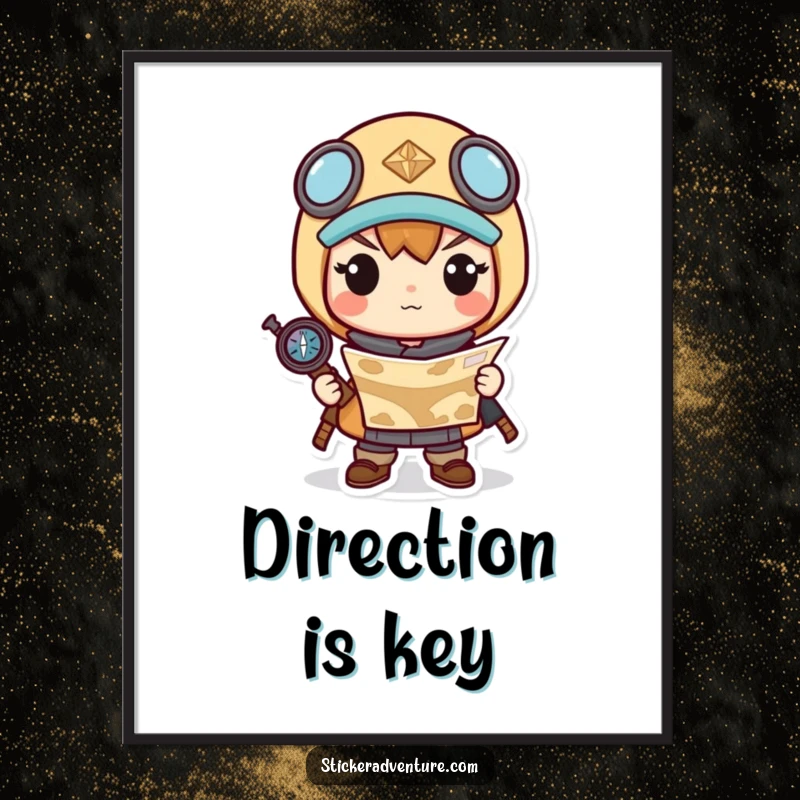 Funny poster print of a determined Kawaii character holding a map and compass, looking ahead with focus and purpose.