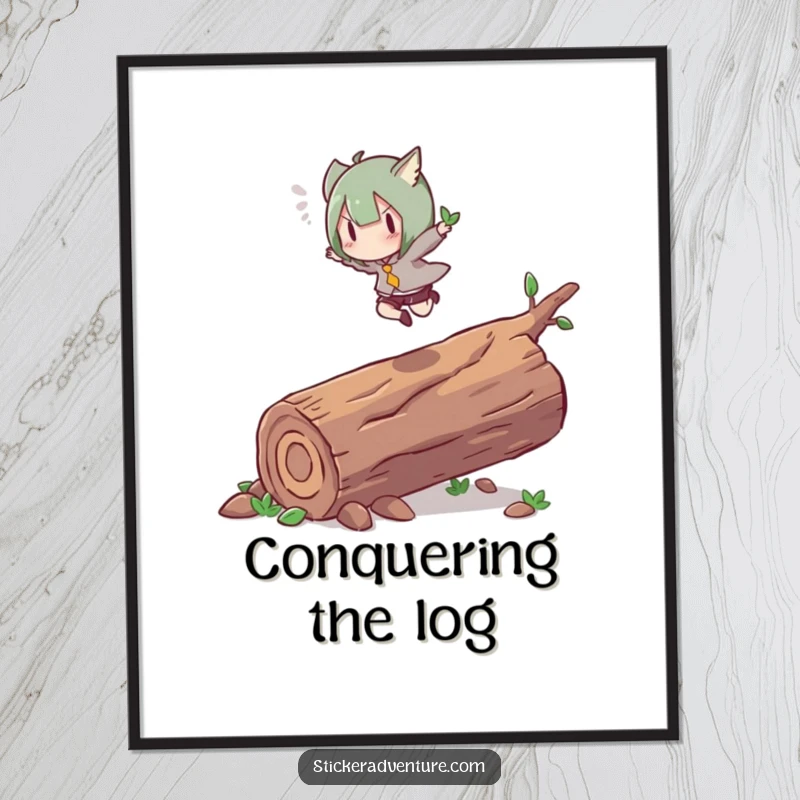 Funny poster of a character leaping energetically over a fallen log with graceful agility. Motivational and humorous wall art.