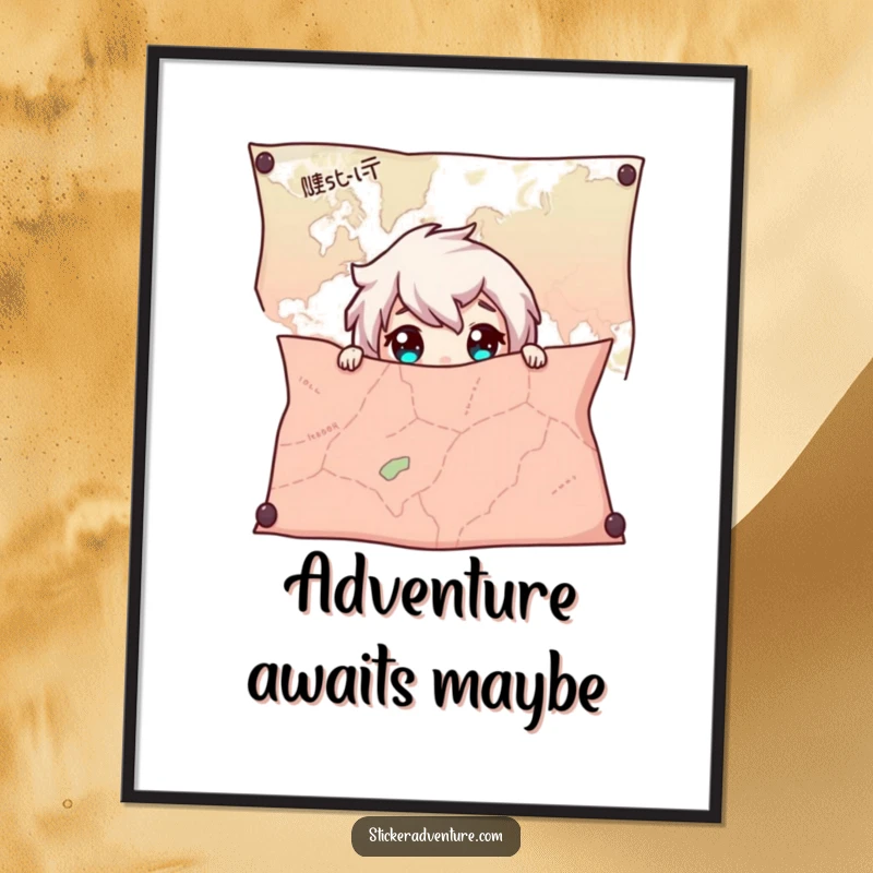 Funny Map Poster, showing a character hiding and peeking with wide eyes, adding a touch of intrigue to wall decor.