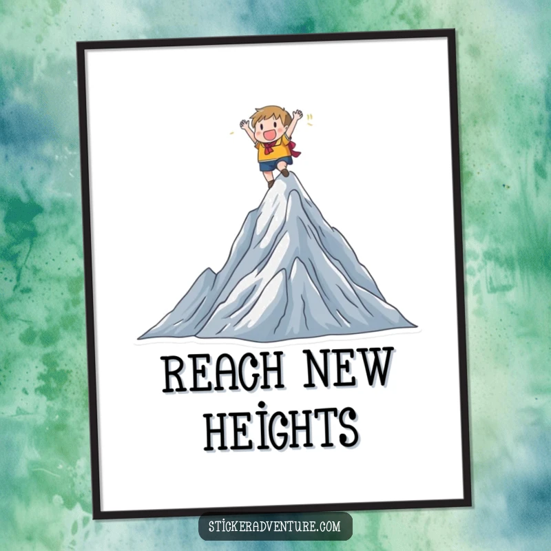 Funny character joyfully scaling a mountain peak, triumphant pose, inspiring view, vibrant funny gift art.