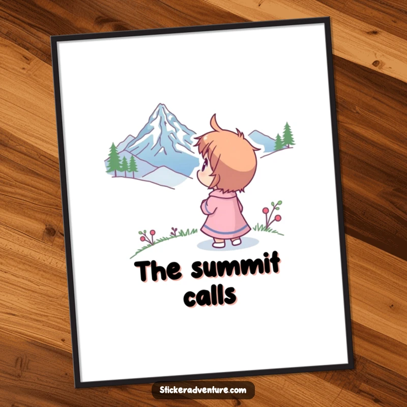 Funny poster art of a character looking at a distant mountain peak with humorous wonder, evoking a sense of adventure and awe.