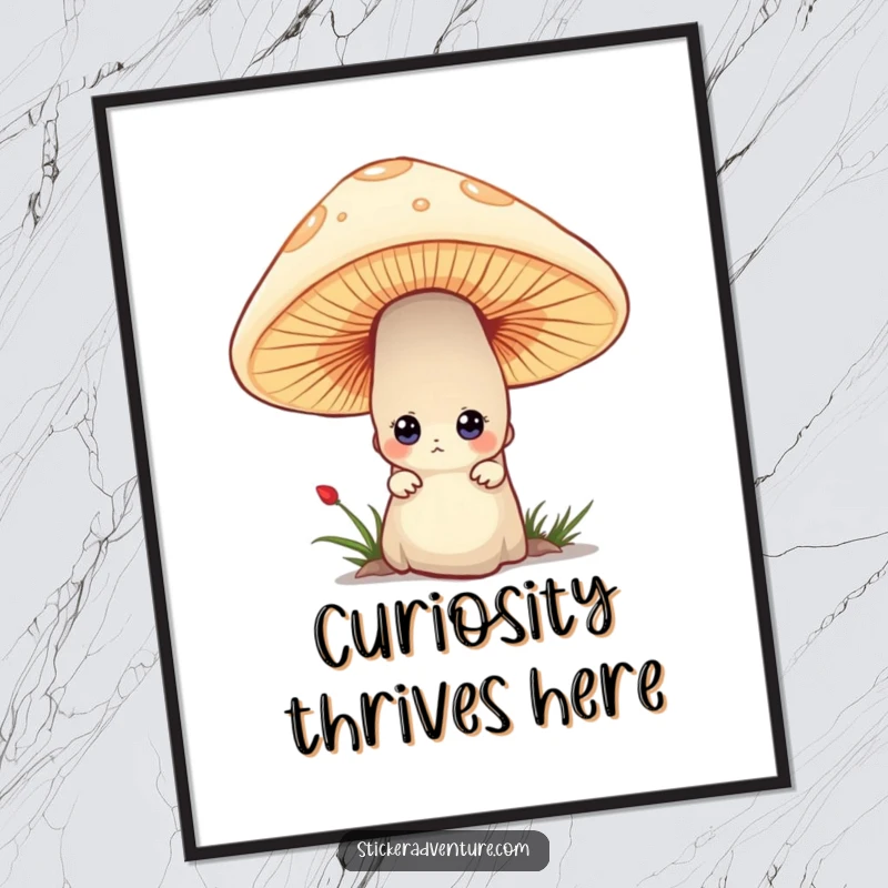 Funny poster showcasing a tiny character with curious eyes peeking from behind a large mushroom, creating an enchanting forest scene.