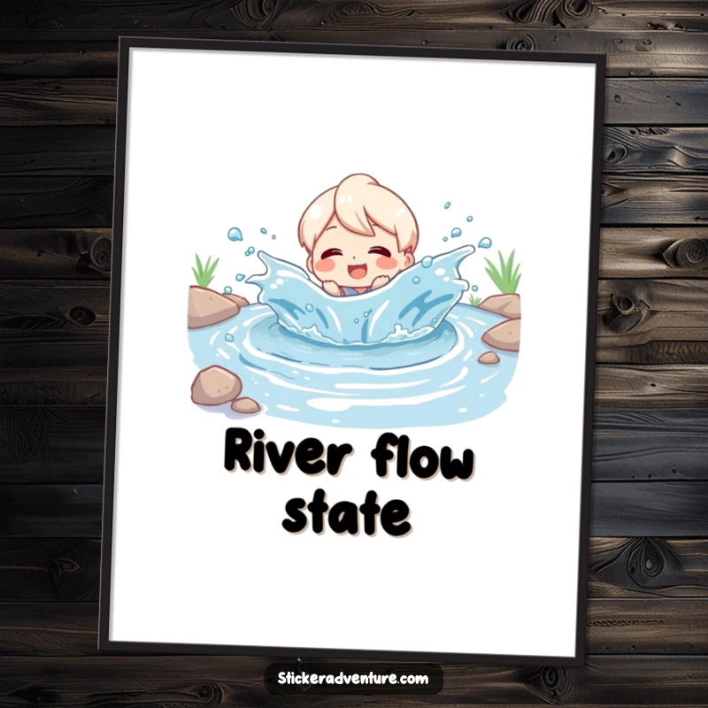 Funny Poster: Character joyfully splashing in a playful river, beaming with pure delight, a vibrant piece of humorous art.