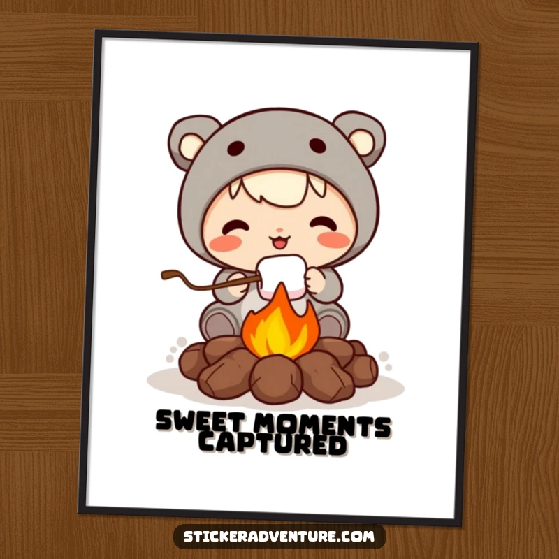 Funny poster art of a cute character roasting a marshmallow over a campfire, bringing warmth and humorous charm to any space.