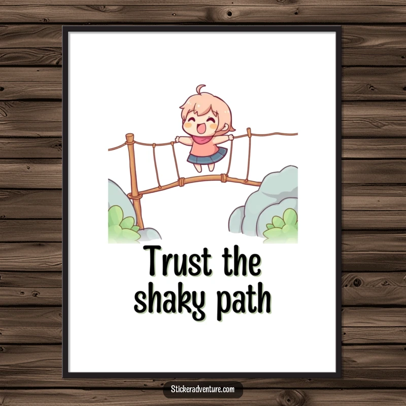 Funny poster showing a character gleefully crossing a wobbly rope bridge, a symbol of daring and exciting moments.