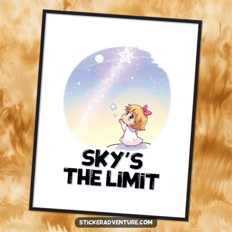 Funny poster of a joyful character looking up in awe at a vast, beautiful, starlit night sky, full of wonder.