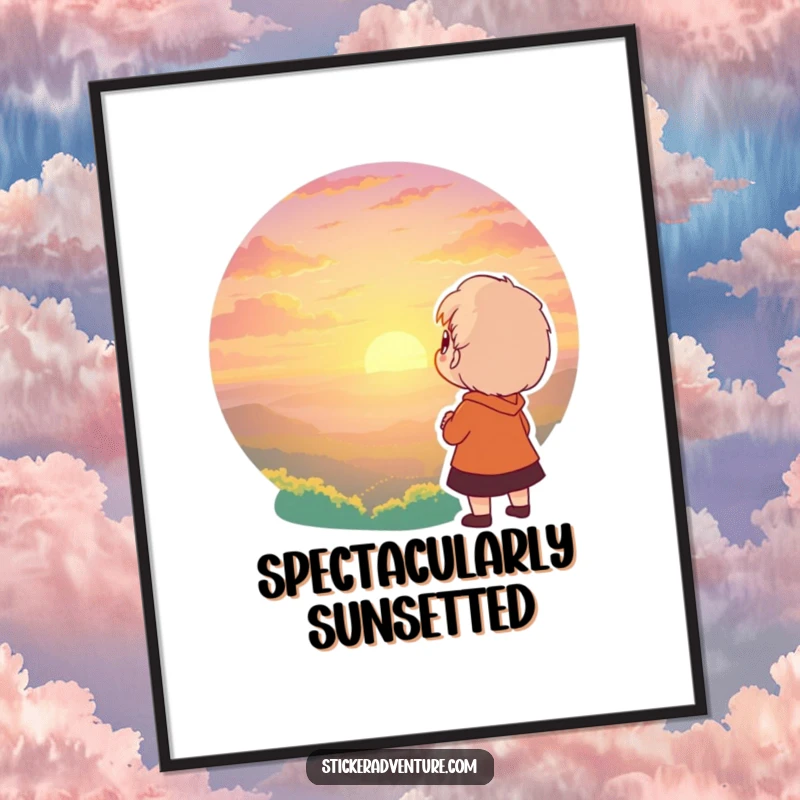 Funny poster of a character gazing in awe at a stunning sunset, conveying wonder. Beautiful and humorous wall decor.