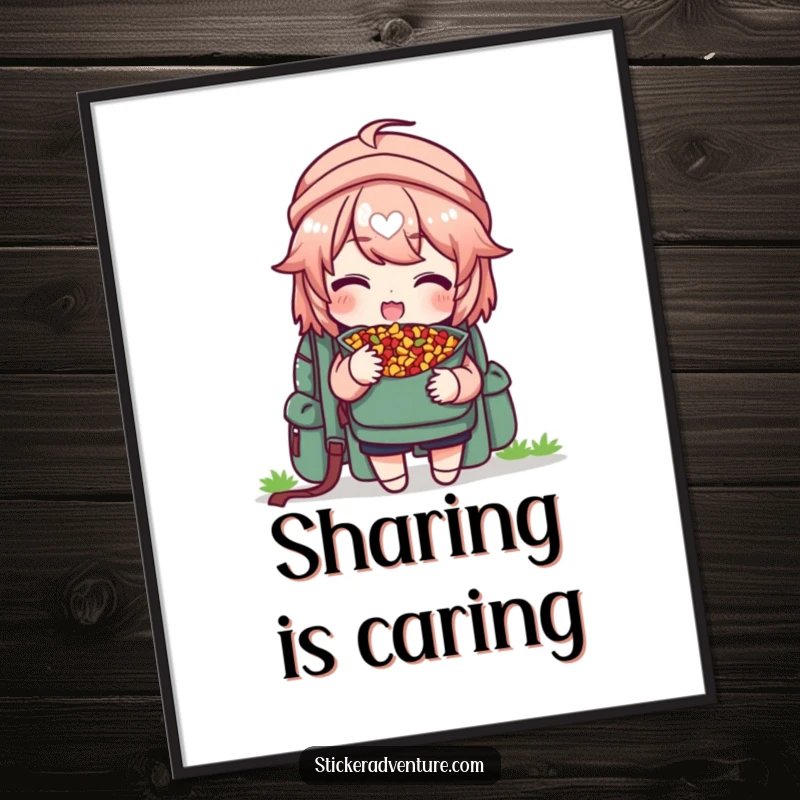 Funny poster showing a character delightedly sharing trail mix from a backpack, offering a piece, ideal wall decor.