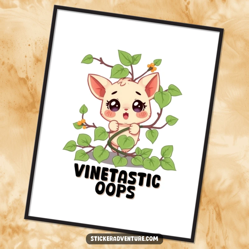 Funny poster art of a small character comically wrapped in a vine, with a classic surprised expression, adding humor to any room.