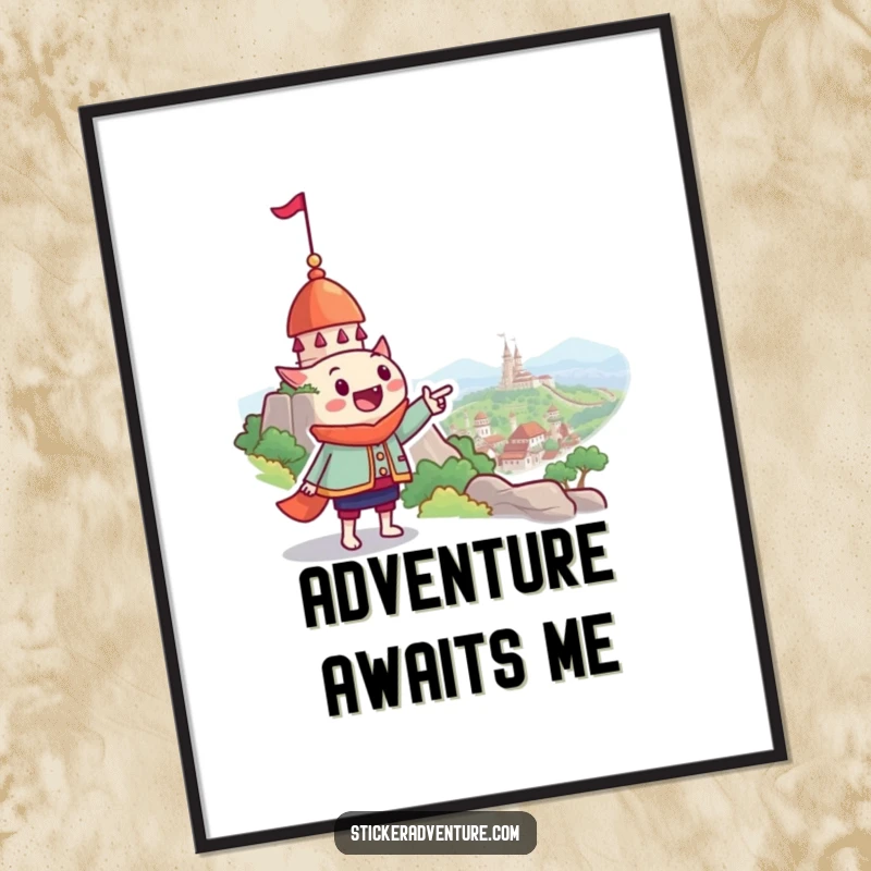 Funny poster of a character with a wide grin pointing enthusiastically towards a dreamy, unusual landmark, creating inspiring wall art.