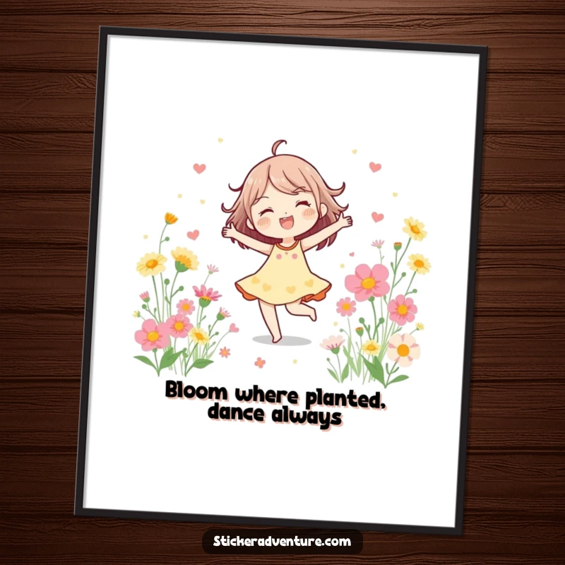 Funny Poster of a cheerful character joyfully dancing surrounded by a lush display of blooming wildflowers, bringing vibrant energy.