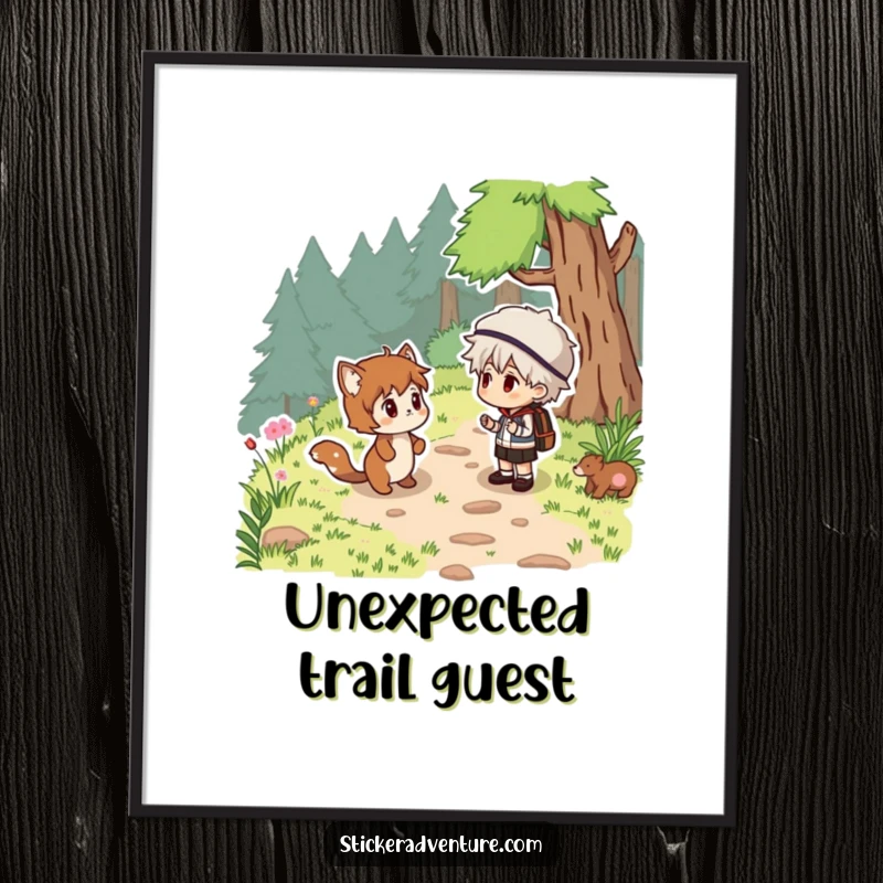 Funny woodland surprise poster, a person and an animal sharing a surprised, friendly moment on a forest trail.