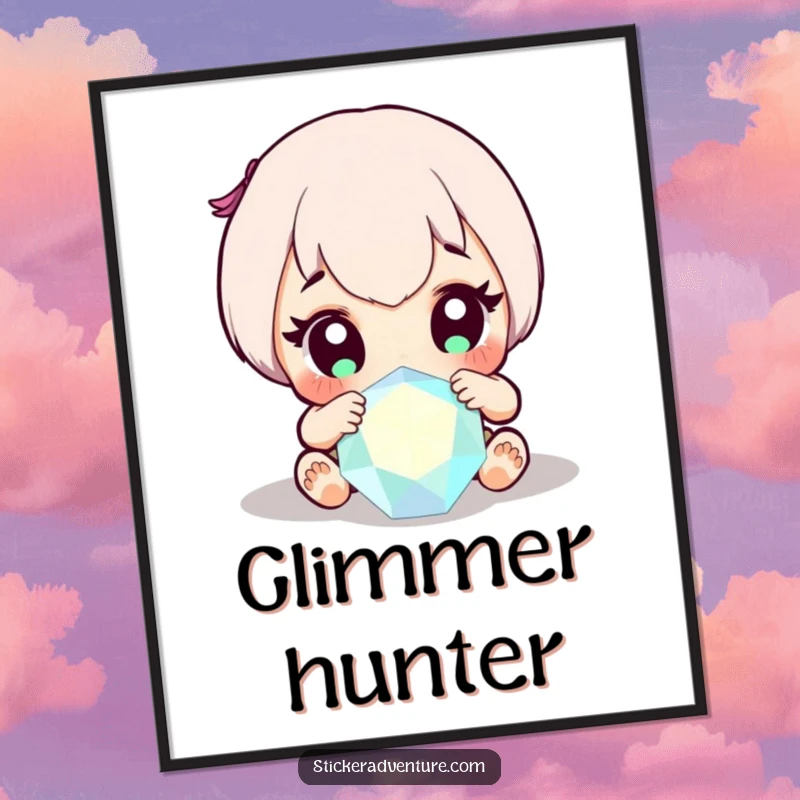 Funny poster of a character with wide eyes, filled with wonder, discovering a brilliant, sparkling gem, a symbol of joy.