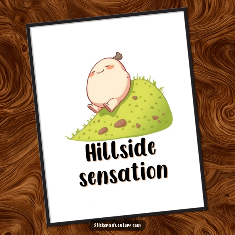 Funny rolling character poster, illustrating a plump character joyfully tumbling down a green grassy hill, whimsical decor.
