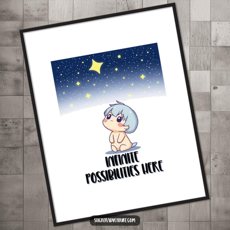 Funny poster art of a character looking up at a starry night sky, evoking wonder and humorous cosmic exploration.
