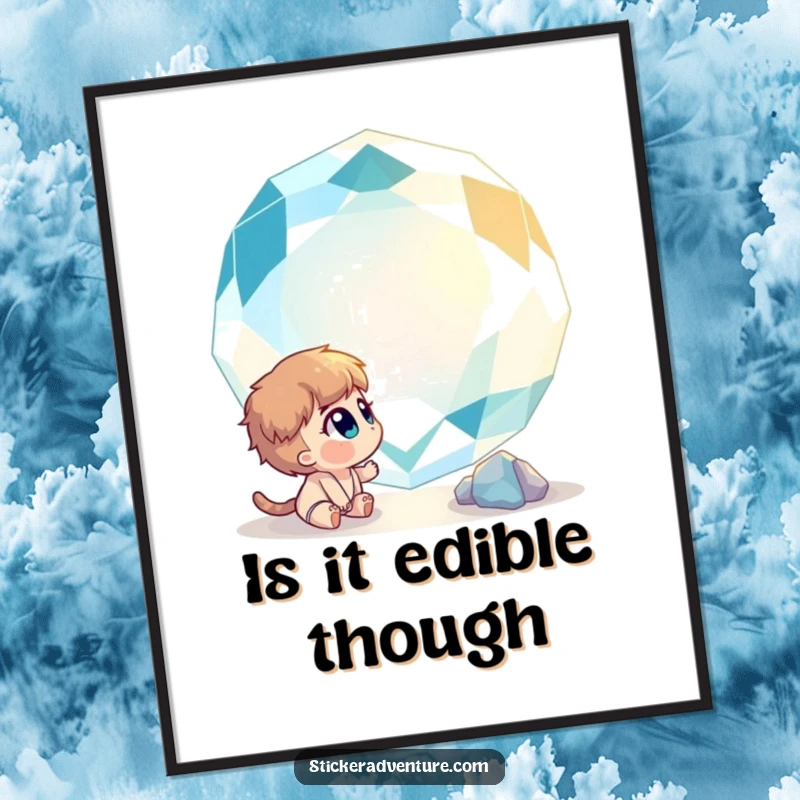 Funny poster featuring a curious character lost in wonder before a giant, sparkling gemstone, exuding magic and fascination.