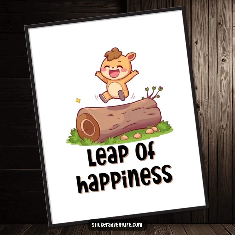 Funny character poster illustrating a character joyfully leaping over a fallen log with a wide grin, bringing happiness to decor.