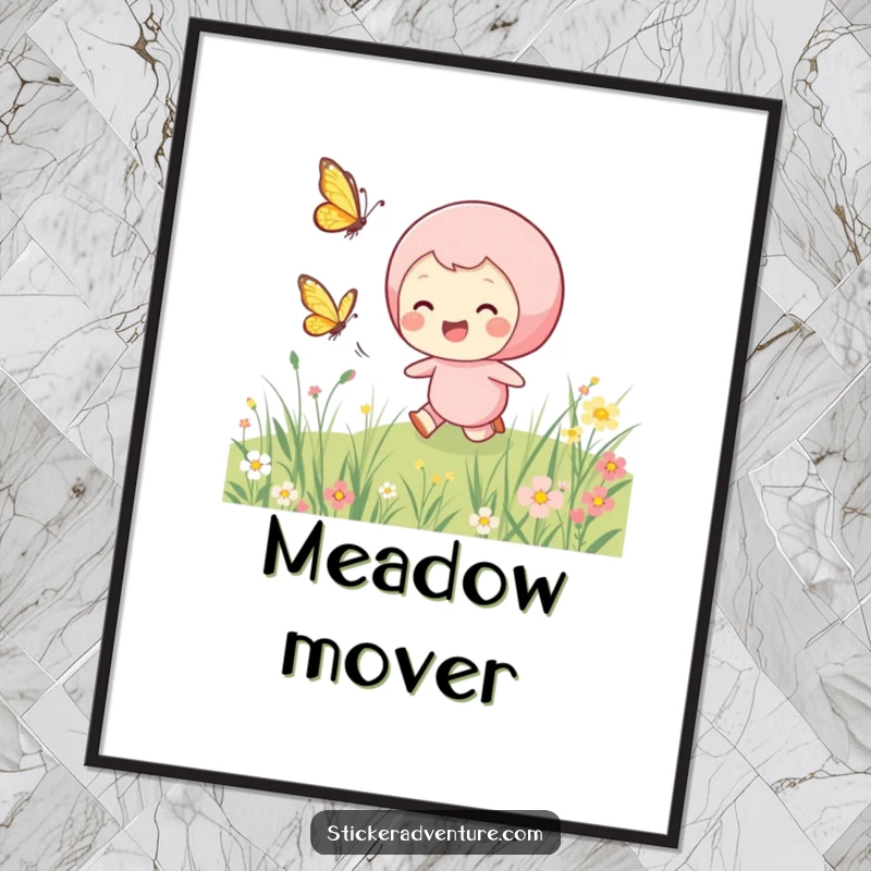 Funny chasing butterfly poster, illustrating a smiling character happily pursuing a fluttering butterfly across a sunlit meadow.