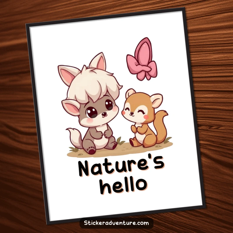 Funny poster capturing a playful character's wide-eyed surprise upon encountering a small, shy woodland creature in nature.