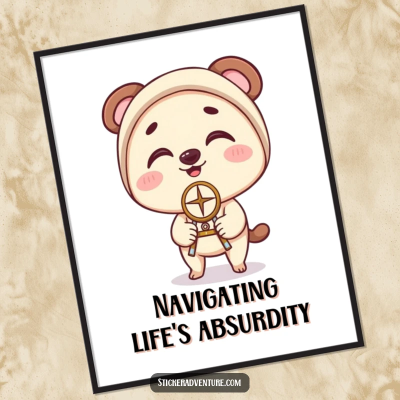 Funny Poster: A character concentrates intensely, balancing a compass on their nose with clumsy but happy delight, creating a humorous scene.