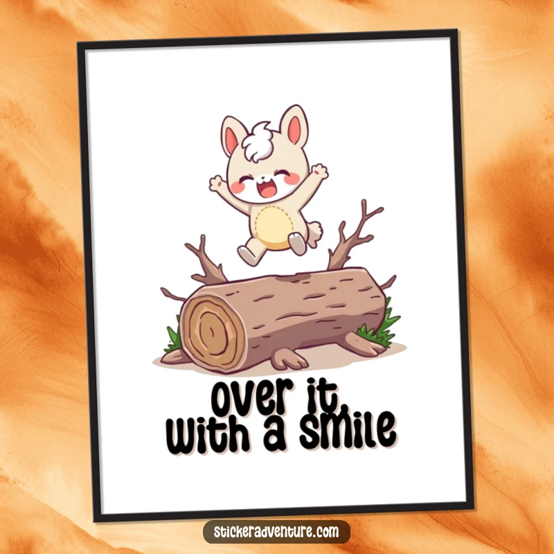 Funny Poster: A character playfully leaps over a fallen log with a joyful expression, capturing movement and happiness.