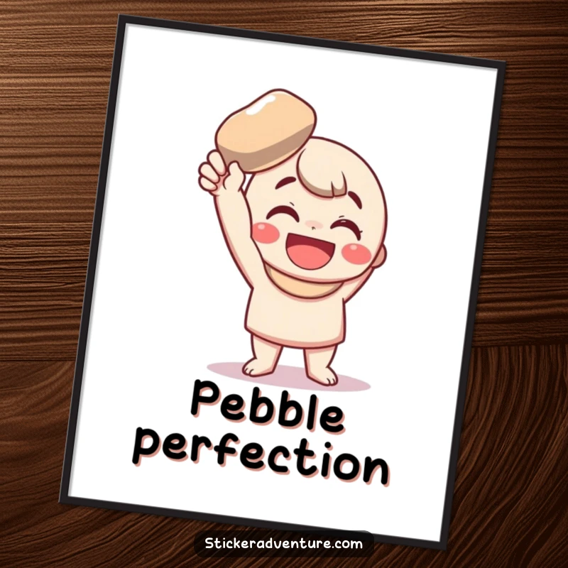 Funny Poster: A character shows off a captured shiny pebble, expressing funny, exuberant happiness on a wall.