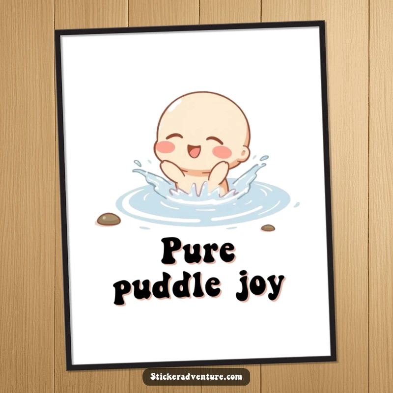 Funny poster of a small character gleefully splashing in a stream with eyes closed, radiating pure bliss and carefree summer vibes.