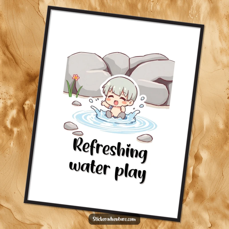 Funny splashing stream poster, a character joyfully splashing in a clear brook, vibrant and humorous wall art.