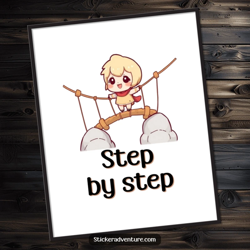 Funny poster of a character cautiously navigating a rope bridge with playful challenge, inspiring bold decor choices.