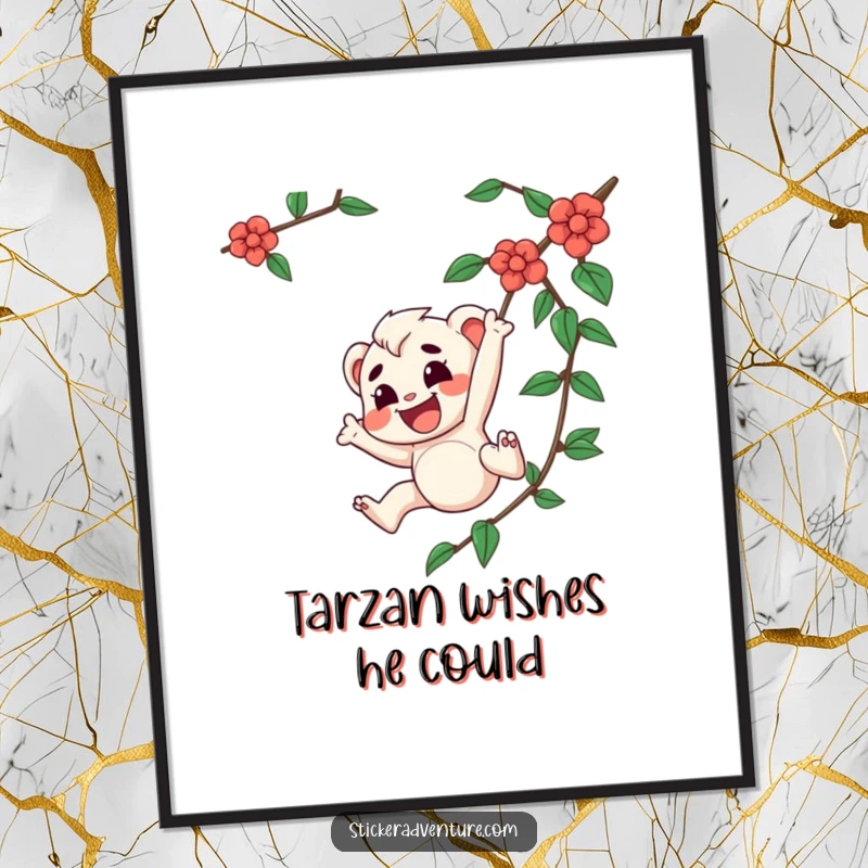 Funny poster of a joyful character with a determined expression swinging from a vine, capturing the essence of thrilling adventure and fun.