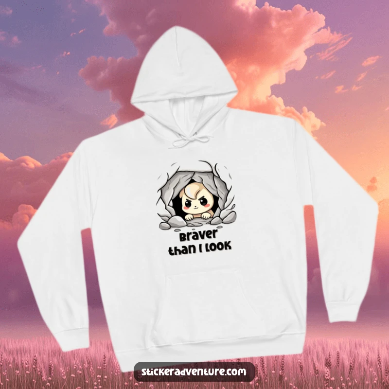 Funny cave explorer hoodie, depicting a playful character peering into a dark cave with a nervous grin, ready for mystery.