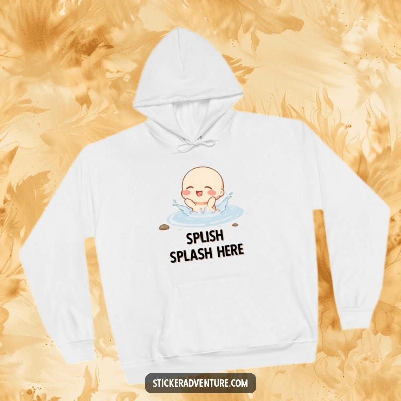 Funny hoodie featuring a small character gleefully splashing in a stream with closed eyes, exuding pure joy and relaxation.