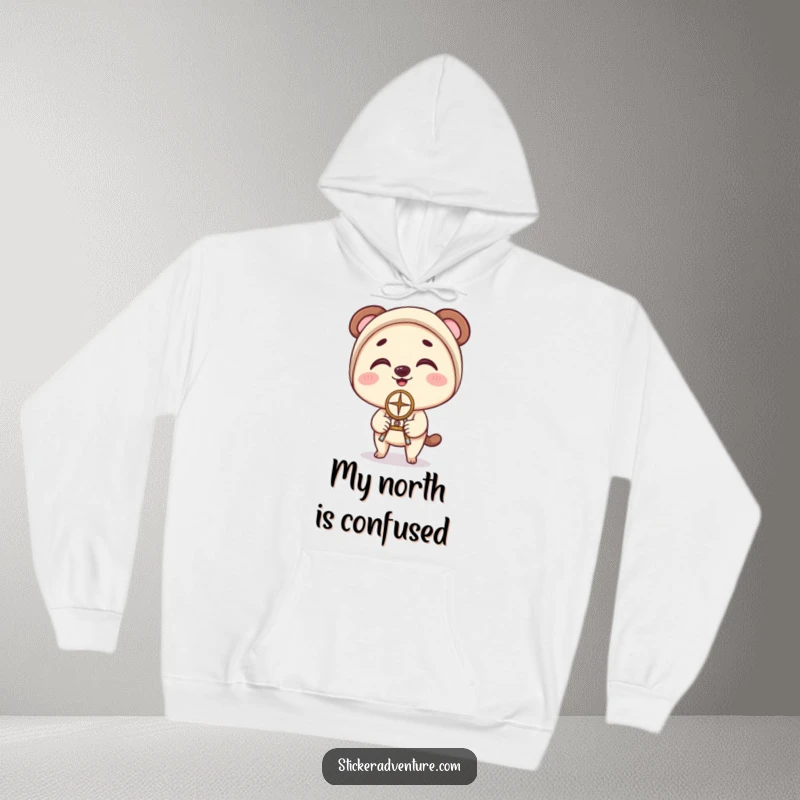 Funny Hoodie: A character balances a compass on their nose with comical, clumsy delight, creating a warm and amusing scene.
