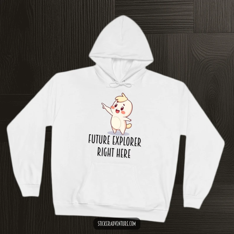 Funny hoodie showcasing a tiny character filled with wonder, excitedly pointing towards an unseen, magical destination.